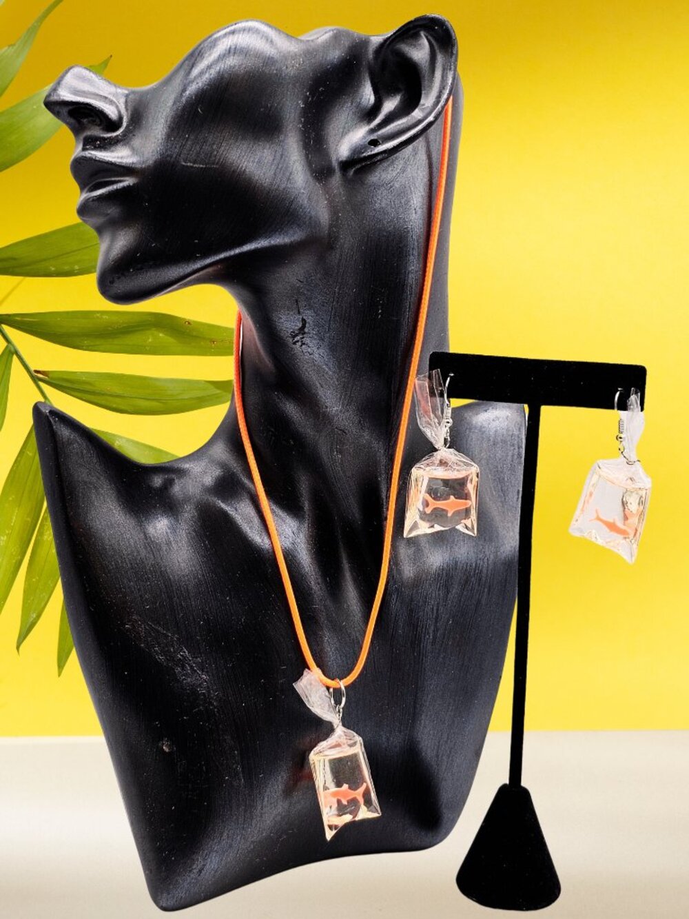Handmade Resin Goldfish Bag Necklace & Earrings Set Novelty Fish Jewelry